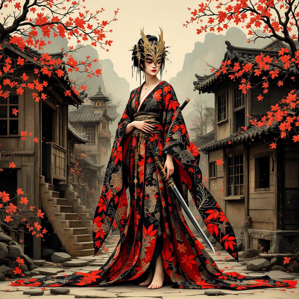 AI generated: Full body view of a geisha-ninja fusion, set in a stylized, destroyed Japanese village. Detailed orn...
