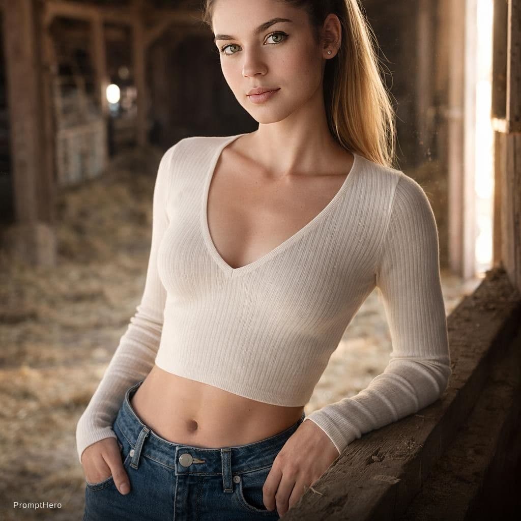 AI generated: A photorealistic, full-body portrait of a woman standing in a worn, dusty, old barn with exposed woo...