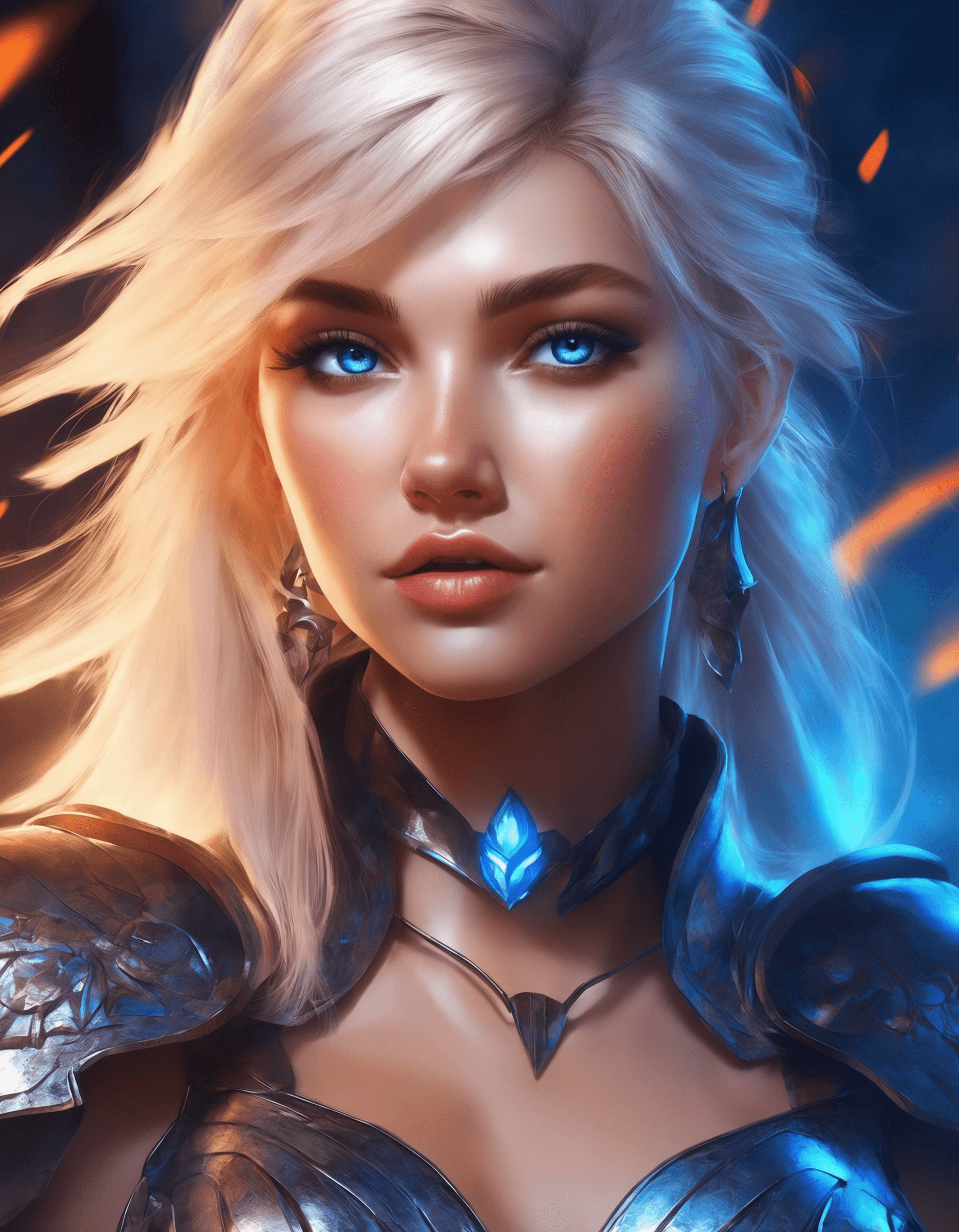 AI generated: fantasy warrior woman, platinum blonde hair in high ponytail, striking blue eyes, delicate features,...
