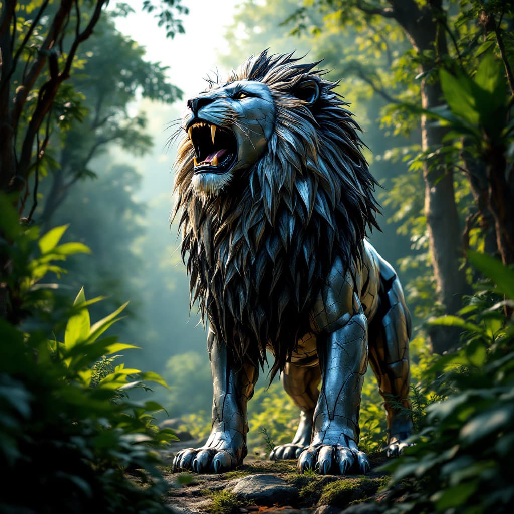 AI generated: A full body view of a majestic metal lion, its metallic mane glistening in the sunlight as it roars ...
