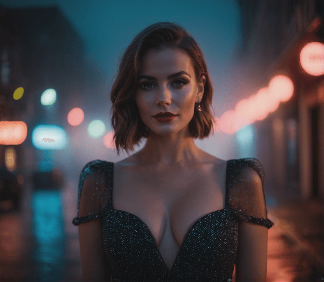 AI generated: photo, cinematic lighting, movie still, city street, neon, fog, portrait photo of a woman, age 28, i...