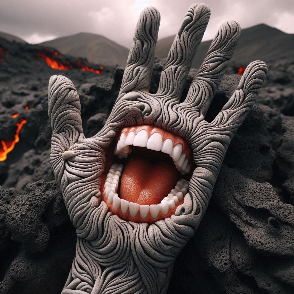 AI generated: she is a screaming mouth on the palm. Beautiful patterns made of lava. funny, White teeth in the sty...