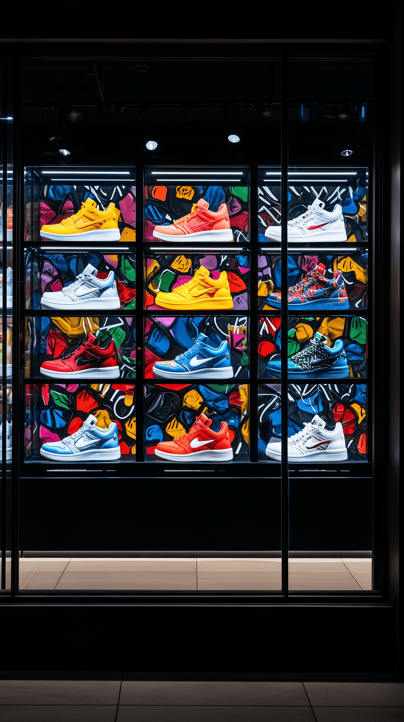 AI generated: photography, front view, facade show window, glass behind Nike limited edition sneakers suspended by...