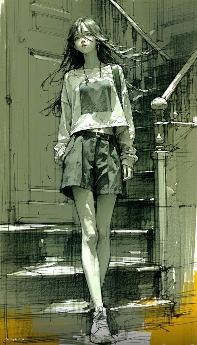 AI generated: (Pencil_Sketch:1. 2, messy lines, greyscale, traditional media, sketch), . 1girl, solo, looking at v...