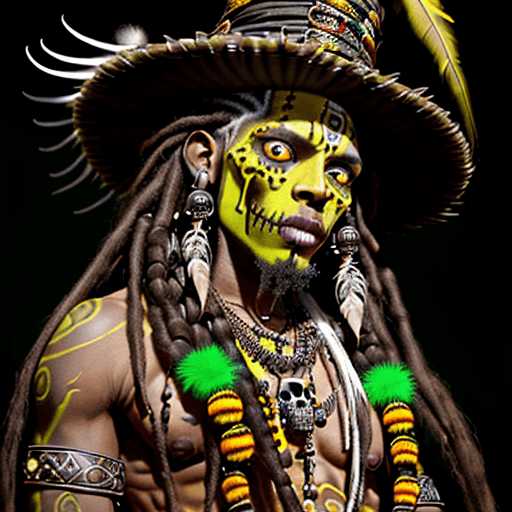 AI generated: Realistic unique exotic male witch doctor, brown skin, long dreadlocks, witch doctor clothing, feath...