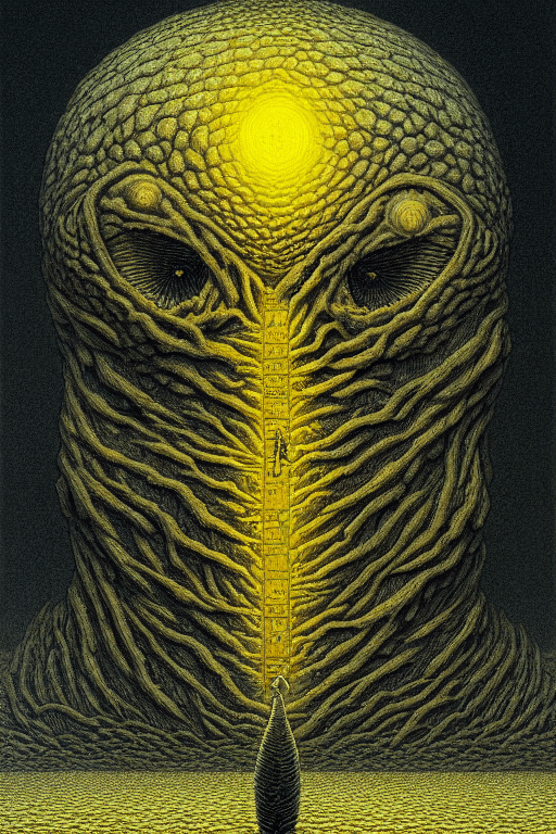 AI generated: The only thing they fear is you, yellow, logo, symmetry, Zdzisław Beksiński, Kim Jung GI, dan mumfor...