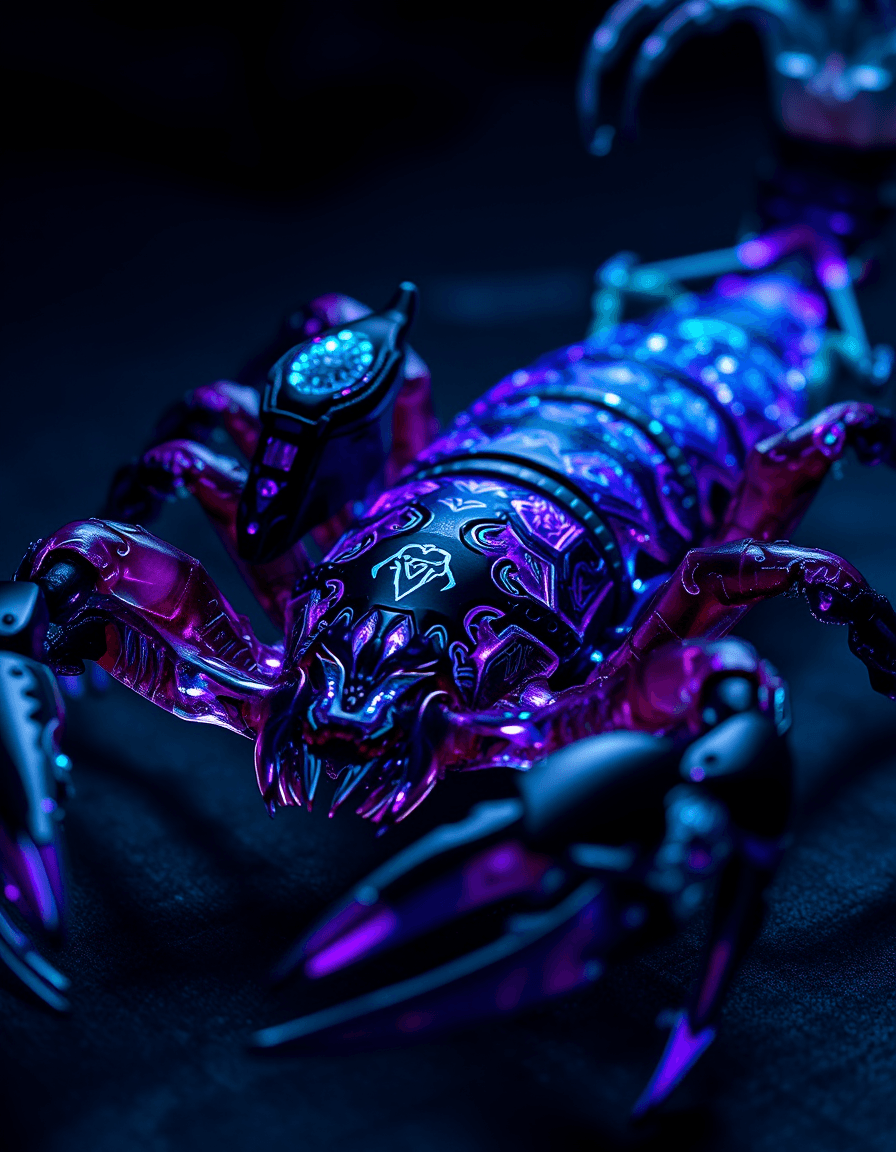 AI generated: A full body photo shot of a mythical scorpion with glossy purple and black scales with glowing intri...