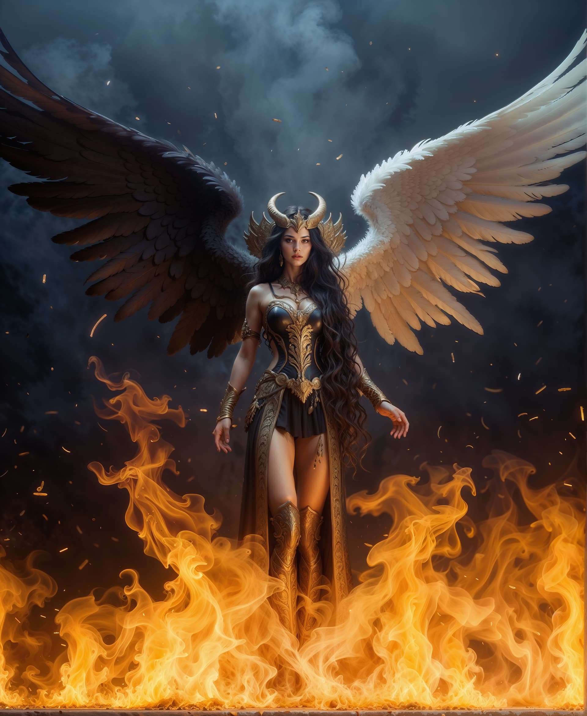 AI generated: A full body Split Image of a beautiful feminine character design of a (angelic hybrid), darkness wit...