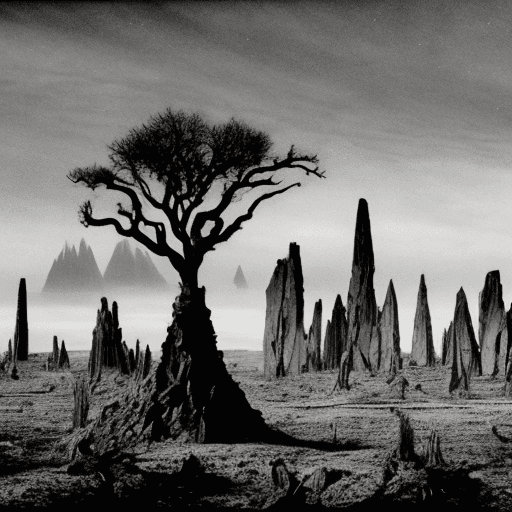 AI generated: A desolate landscape in perpetual twilight, blanketed by an endless fall of fine, gray ash that coat...