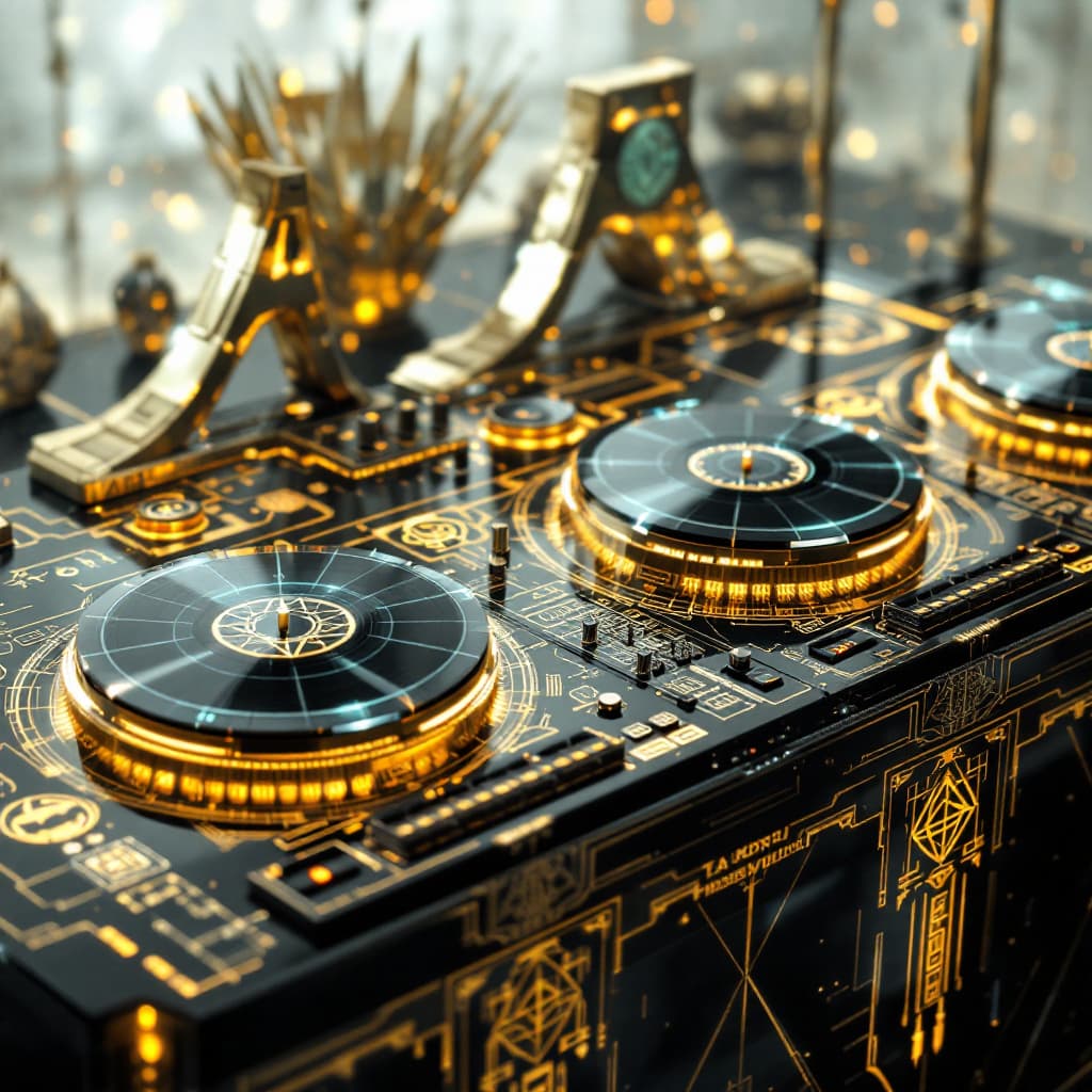 AI generated: Create a photorealistic depiction:

A hyper-detailed Anunnaki DJ setup fuses ancient sacred symbolis...