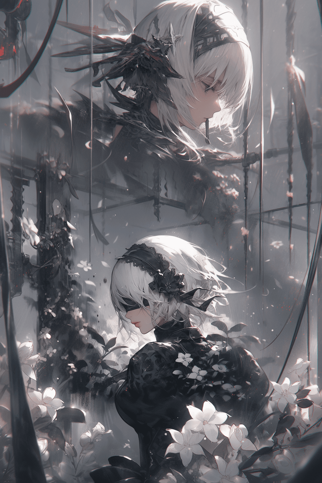 AI generated: YoRHa No.2 Type B, NieR:Automata, A girl(white short hair, black combat uniform, black blindfold), F...