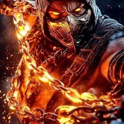 AI generated video: A masked warrior spinning a fiery chain with embers swirling around him, medium camera circling dyna...