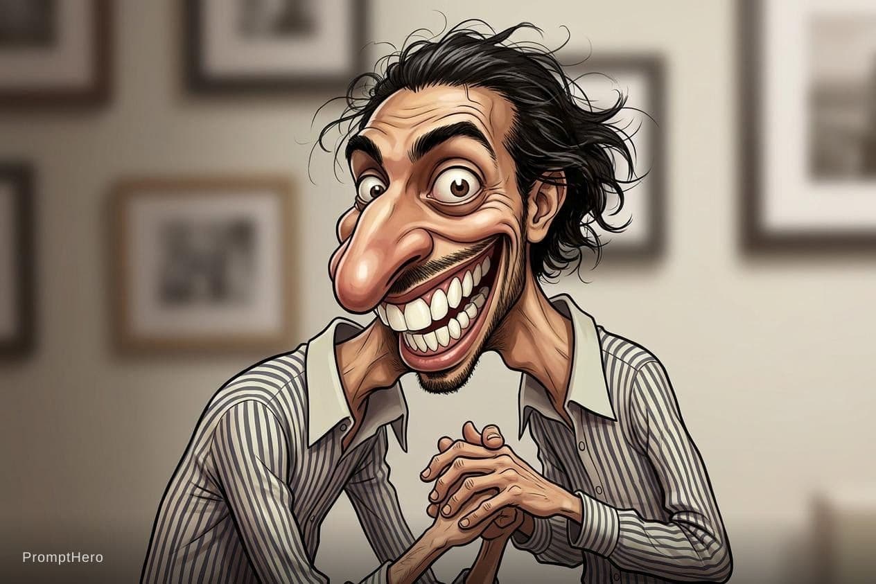 AI generated: funny caricature, exaggerated cartoon human, male, 40 years old, wild-haired, big-nosed, toothy, imp...
