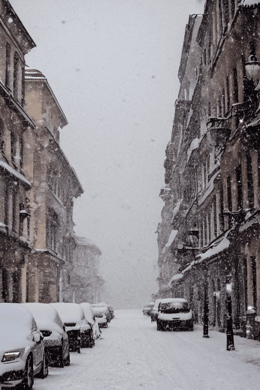 AI generated: Bucharest| street| old town| old city| winter| heavy snow| comprehensive cinematic| Atmosphere| Mast...