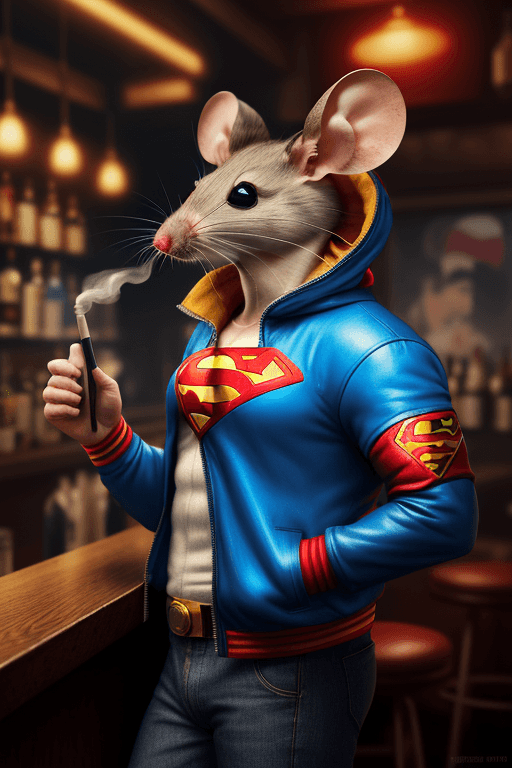 AI generated: A mouse is smoking in a bar, hyperrealistic futuristic mouse wearing superman jacket, , 8k, artstati...