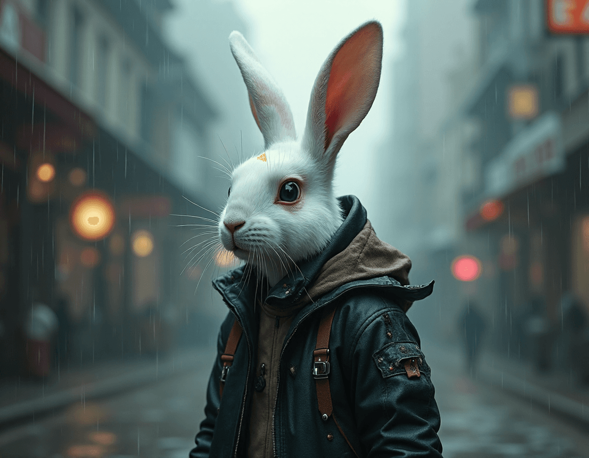 AI generated: An adult white rabbit stands in a cyberpunk city, in the rain. He's wearing a cyberpunk style jacket...
