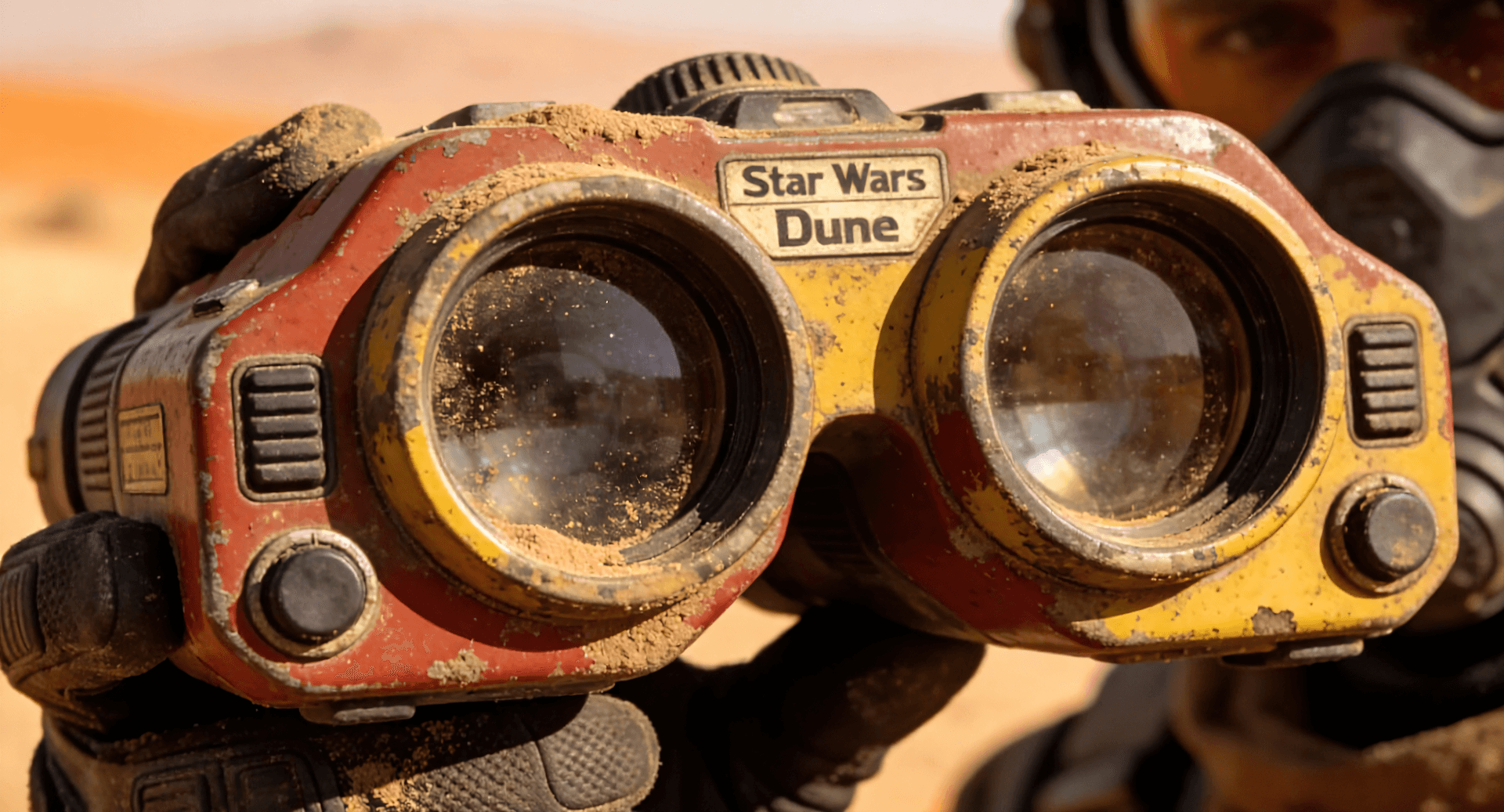 AI generated: A cinematic close-up of a weathered retro-futuristic binocular device being held by a scout in a dus...