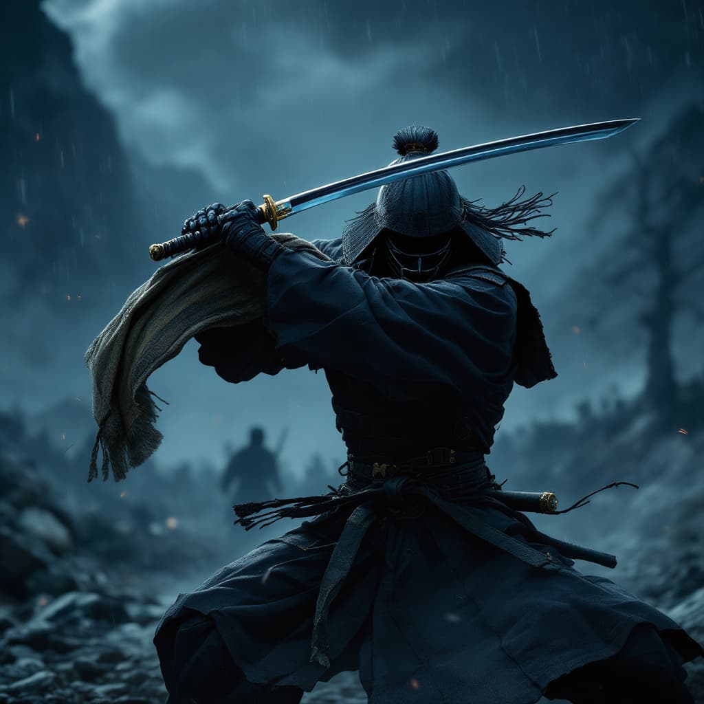 AI generated: at night, taking katana out of sheet, fighting pose, samurai warrior in battlefield, all black armou...