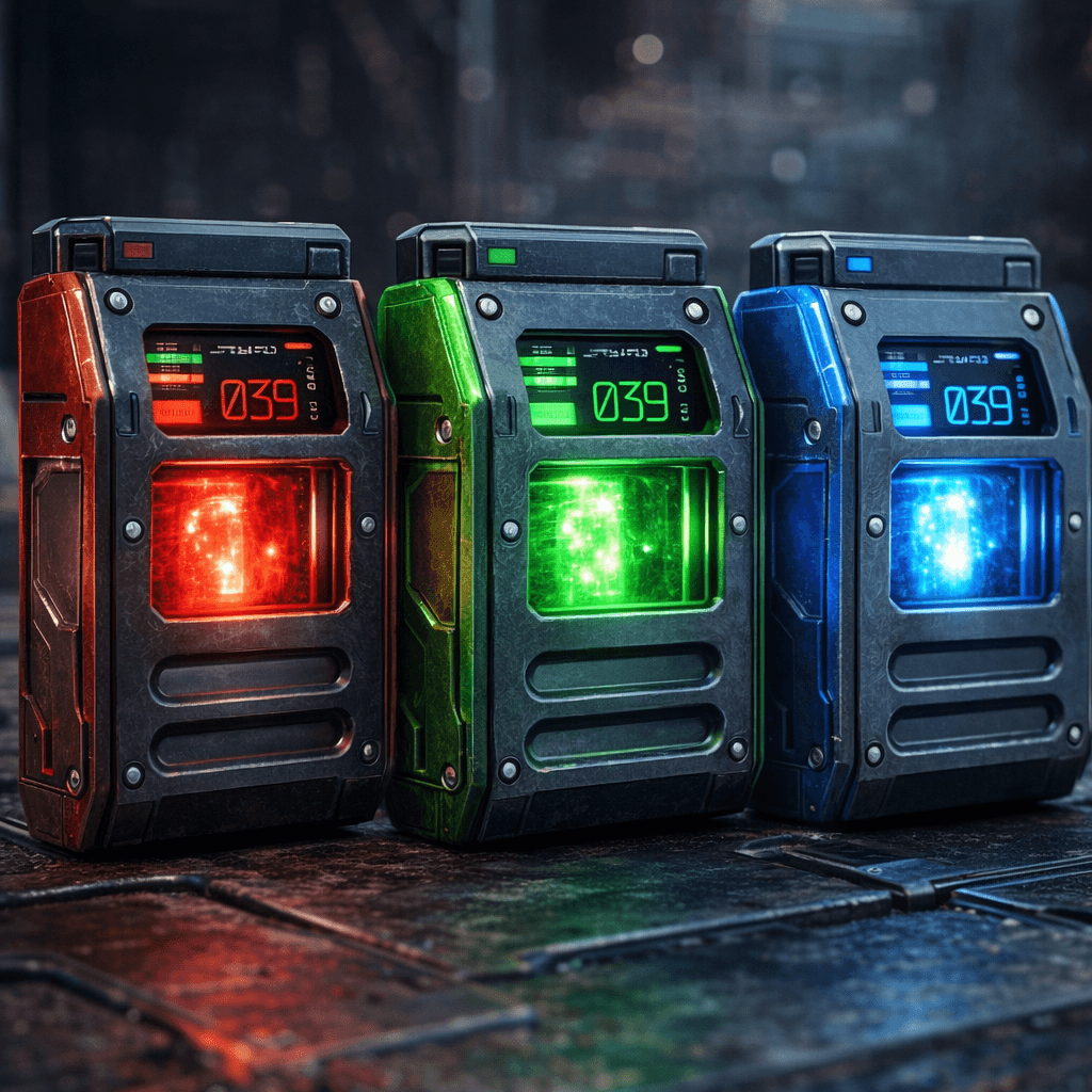 AI generated: Use the reference image to create an image of Sci-fi energy weapon cartages in Red, Green, and Blue ...