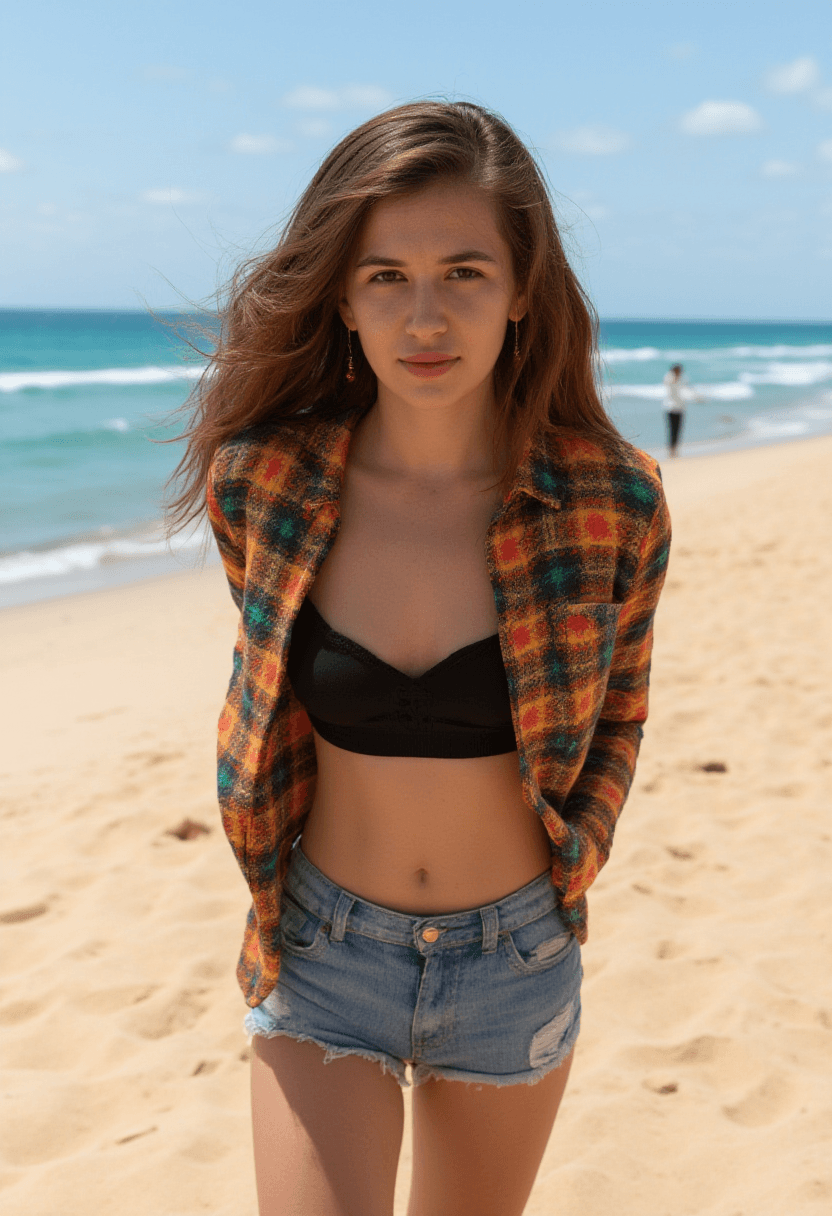 AI generated: A photorealistic portrait of a fit 28yo woman standing on a sunlit beach, captured in natural daylig...