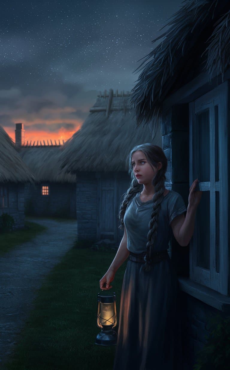 AI generated: Generate an image of nighttime in Thornwood, with Elara keeping watch by her window. The village app...