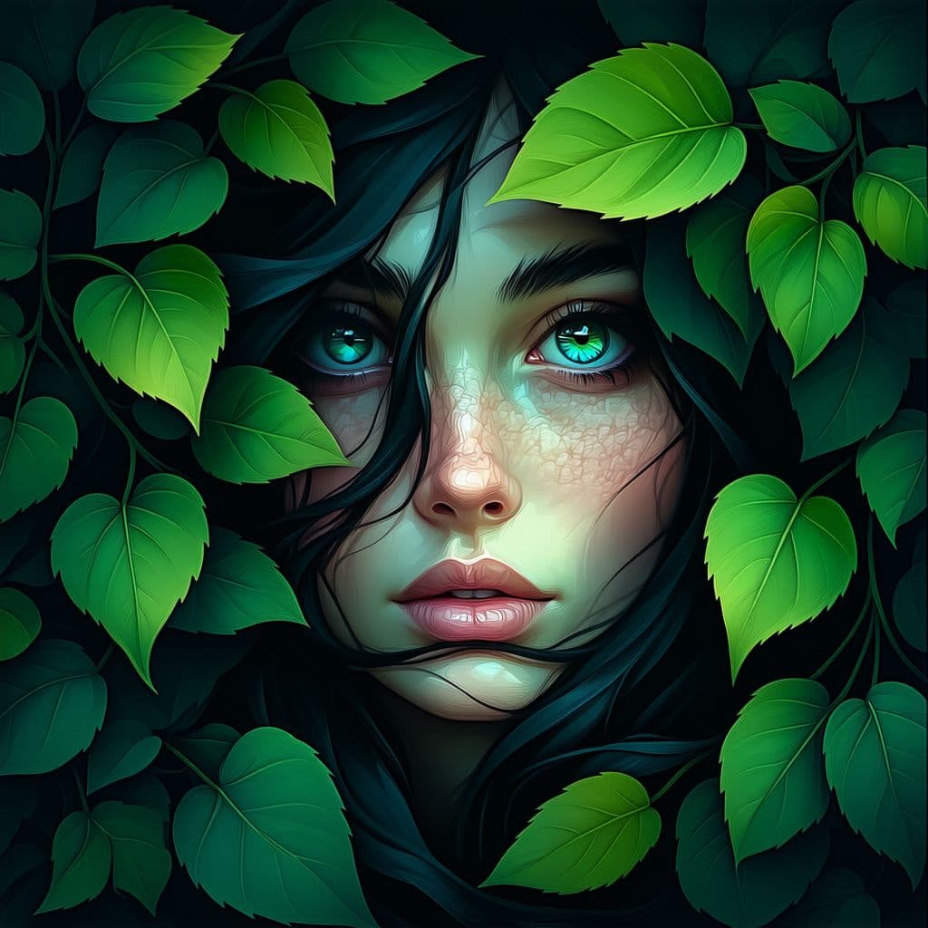 AI generated: The image is an illustration of a close-up of a woman's face. The woman has long dark hair and blue ...
