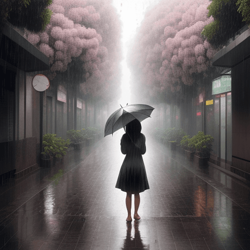 AI generated: a girl without umbrella showering in the rain on a street full of tall flower trees 