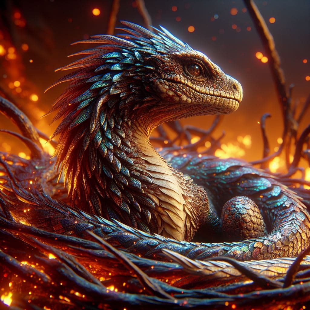 AI generated: Chimeric basilisk eidolon, half-human half-reptilian with burnished metallic-shimmering scales. Mode...