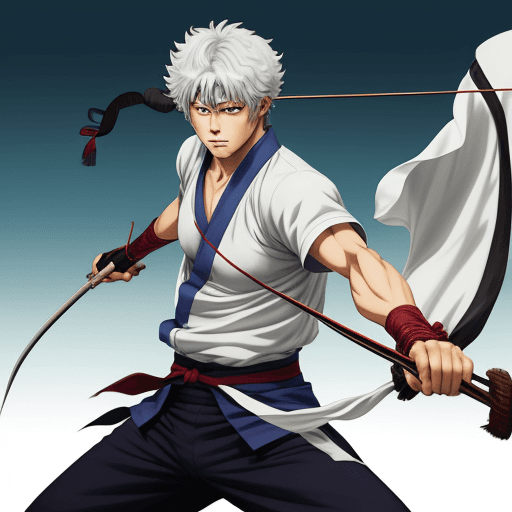 AI generated: Anime art of serious Gintoki Sakata wielding a bow in his right hand.
