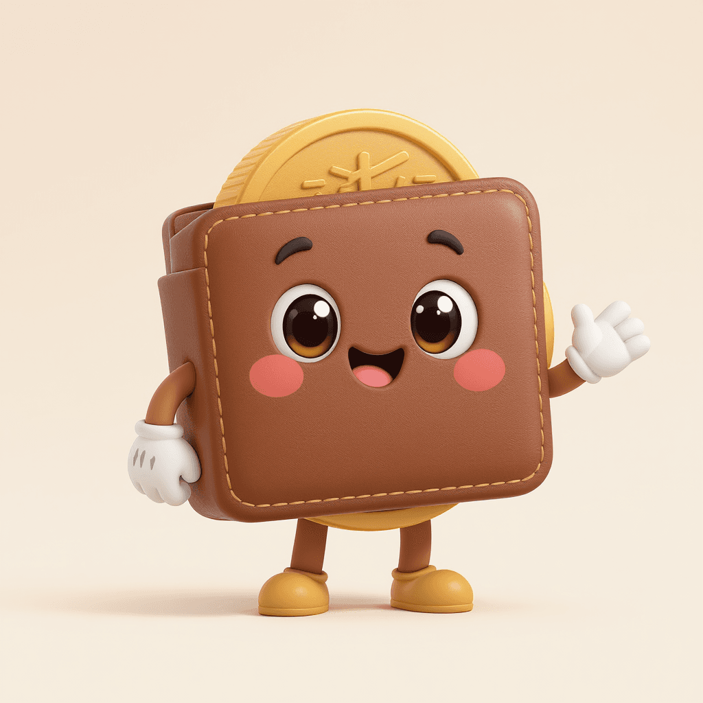 AI generated: A cute 2D cartoon character shaped like a digital coins , with rounded corners and a soft leather te...