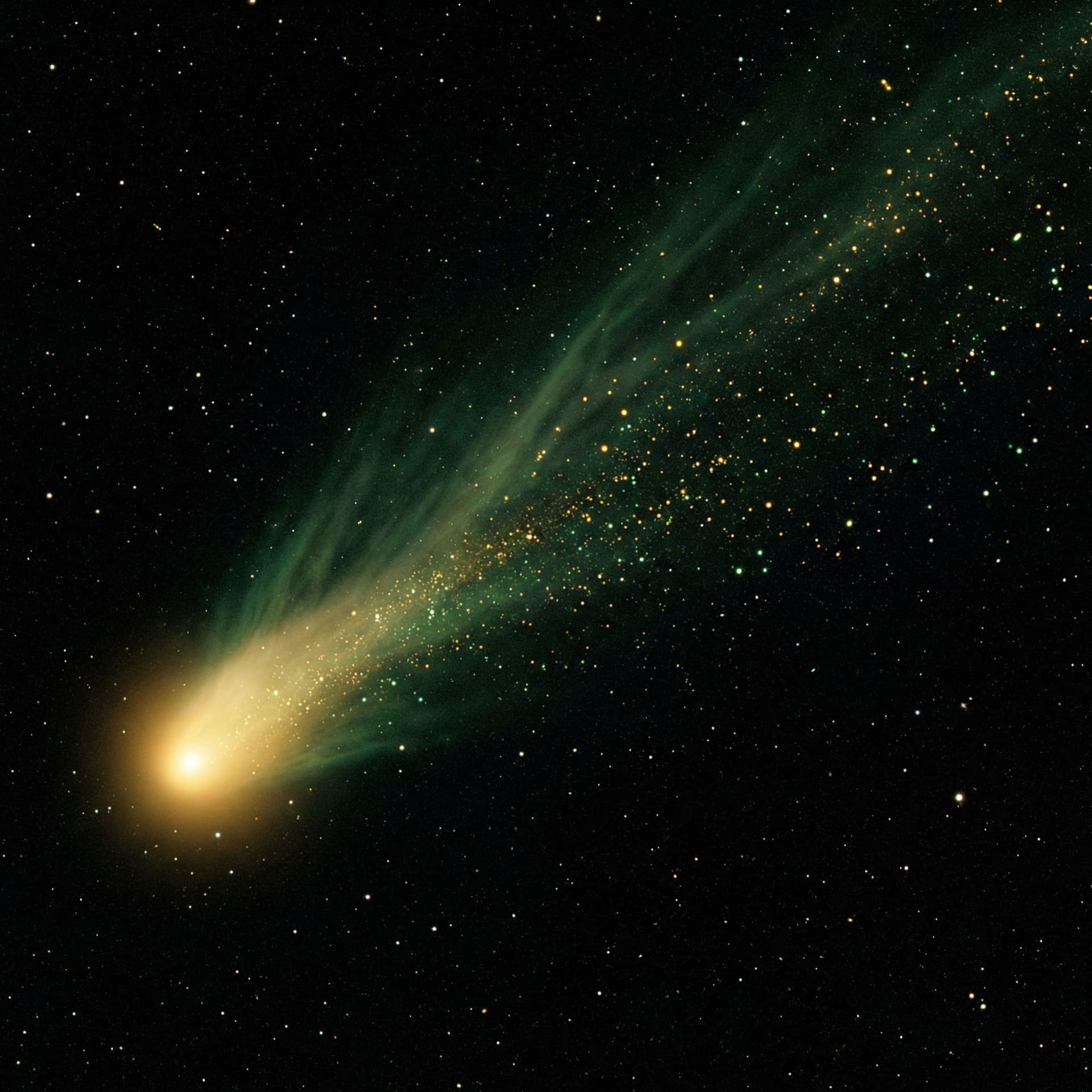 AI generated: a Gold comet with a long forest green tail with gold and green sparkles sprinkling off of it in the ...