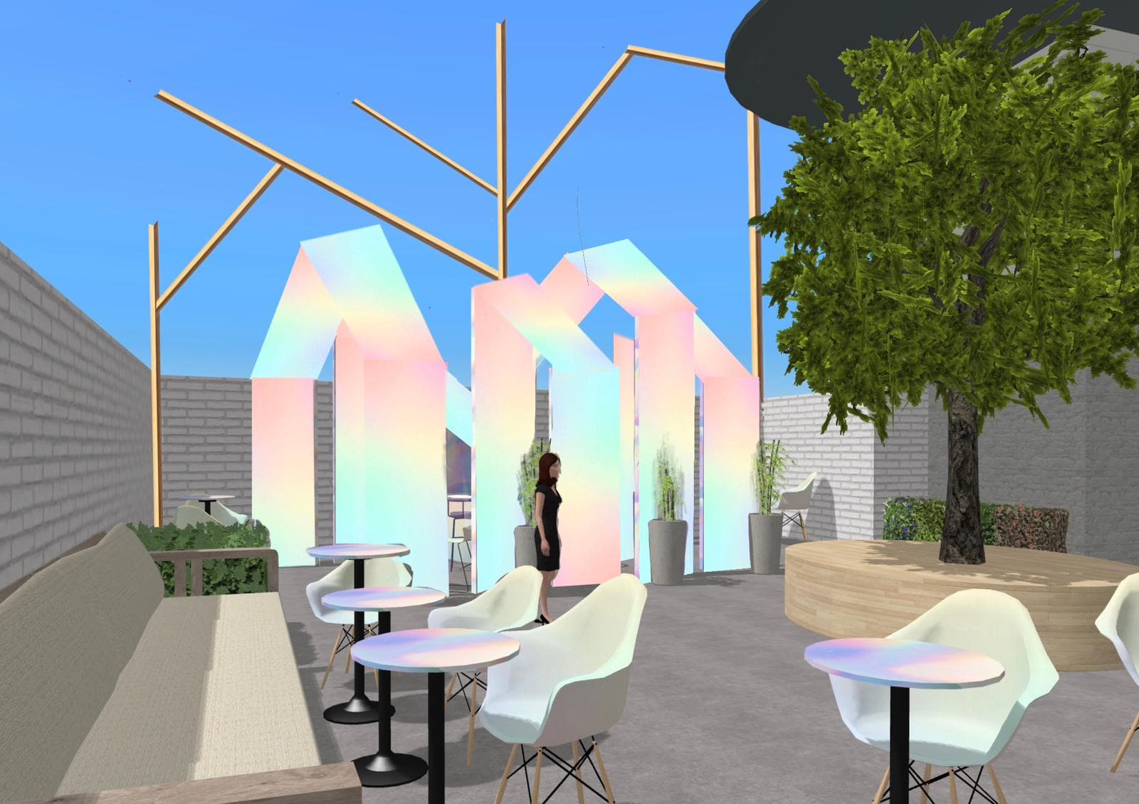 AI generated: the walls are whitebrick. there is a bench with a tree in the model. there are iridescent color chai...