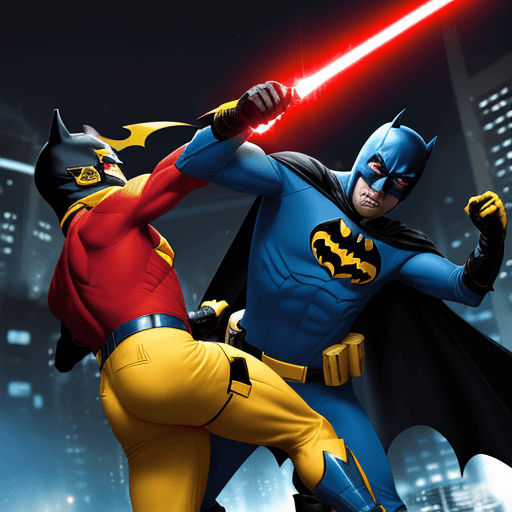 AI generated: YELLOW AND BLUE BATMAN a FIGHTS A BLACK MAN IN A RED SPANDEX SUIT, WITH YELLOW GLOVES AND BOOTS , SU...