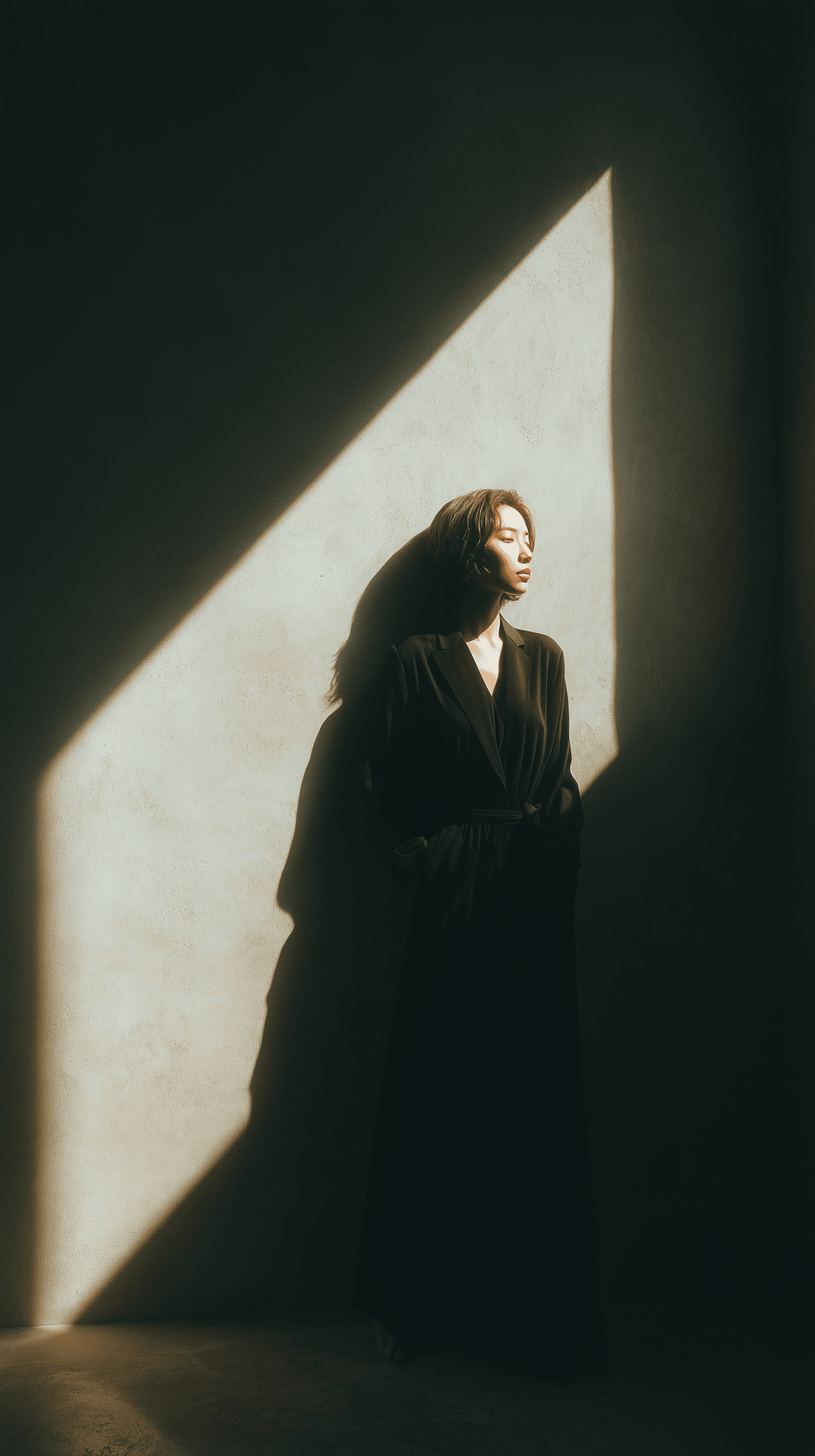 AI generated: photography, woman, minimalist scene, standing side with 45 degree head and gaze to front, bathing i...