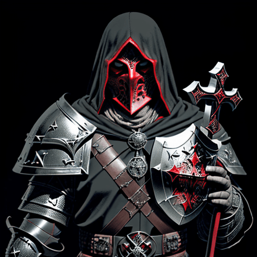 AI generated:  man cleric-necromancer from the Middle Ages, with face covered by shade of dark-red hood, in scaled...