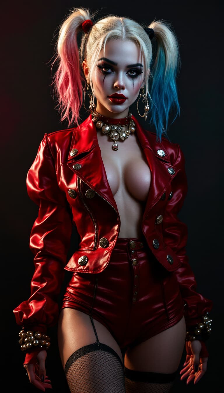 AI generated:  photo realism fictional character harley quin dressed as a fashon model in a chic elegant fashion m...