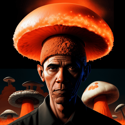 AI generated: Obamanheimer, the destroyer of worlds, with a hat on his head, red and orange tint in the background...