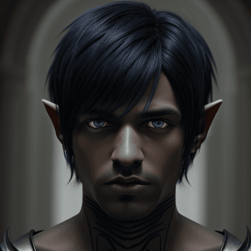 AI generated: Realistic image, Elf, Male, Dark Blue Skin, Black Emo haircut, Long bangs, blue eyes peaking out  be...