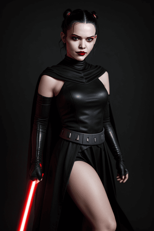 AI generated: rey skywalker as sith lady in black sith uniform, dark red lips, yellow eyes, evil smile