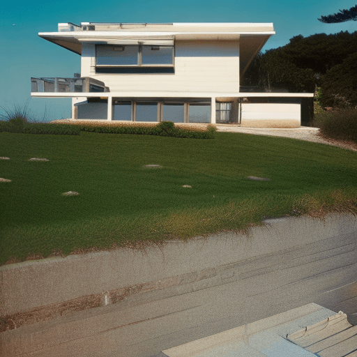 AI generated: Hyper realistic eye level exterior photo of a mid century modern style house overlooking the ocean, ...