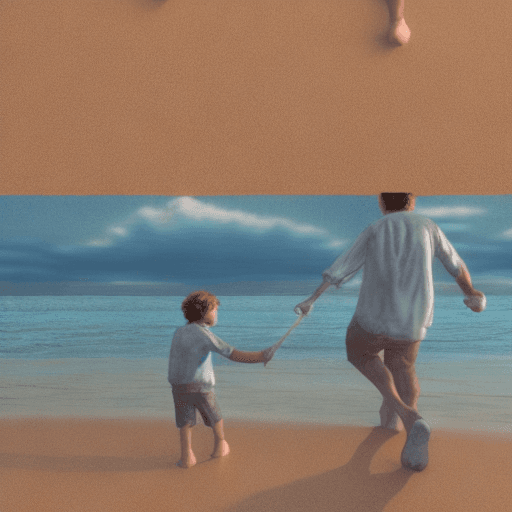 AI generated: young son and father holding hands on beach Photo of a ultra realistic sailing ship, dramatic light,...