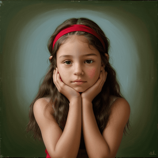 AI generated: A realistic oil painting of a young girl, with her hands gently resting under her chin, giving her a...