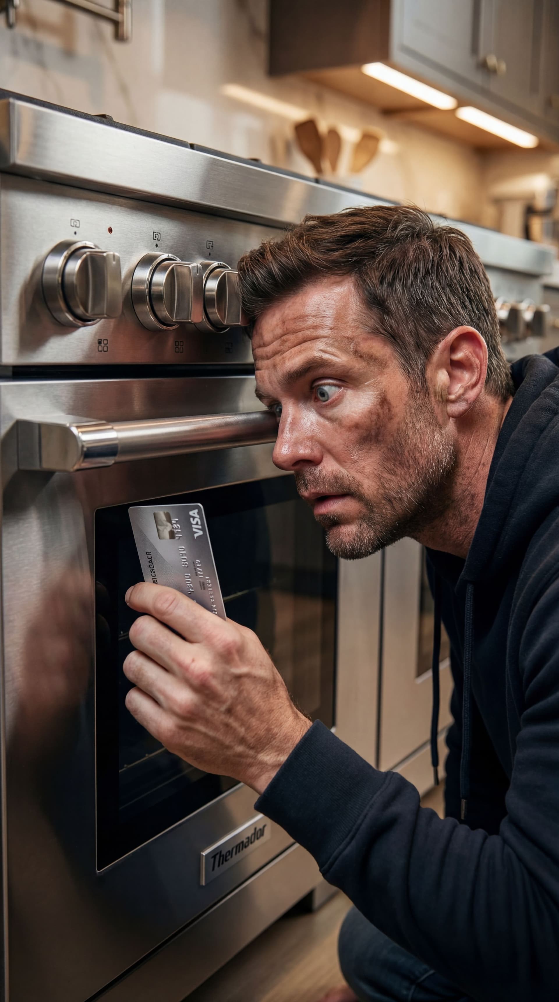 AI generated: Guy presses his face next to the appliance while kneeling. Close up and holds credit card in other h...