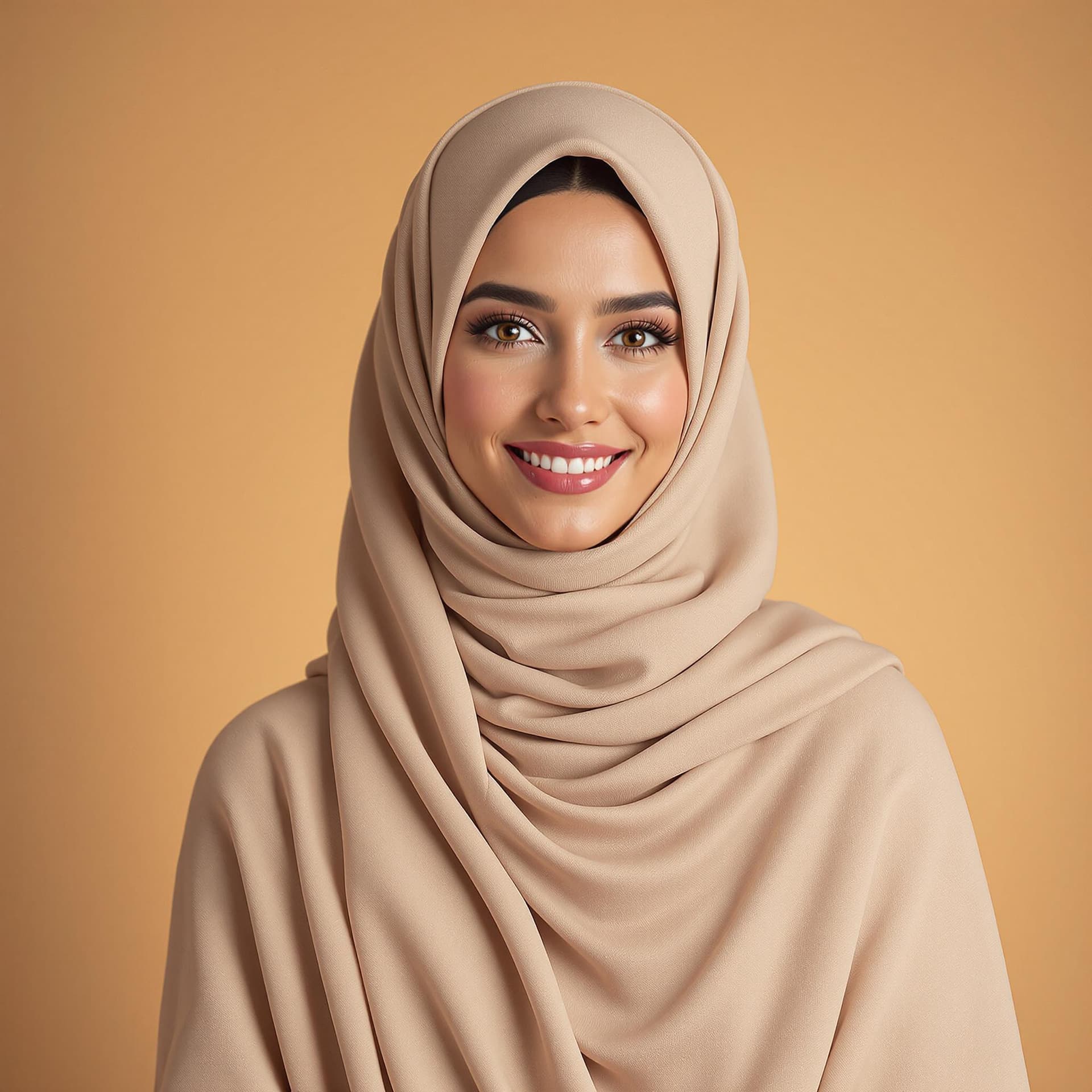 AI generated:  Arab woman 30 posing against a warm beige backdrop.