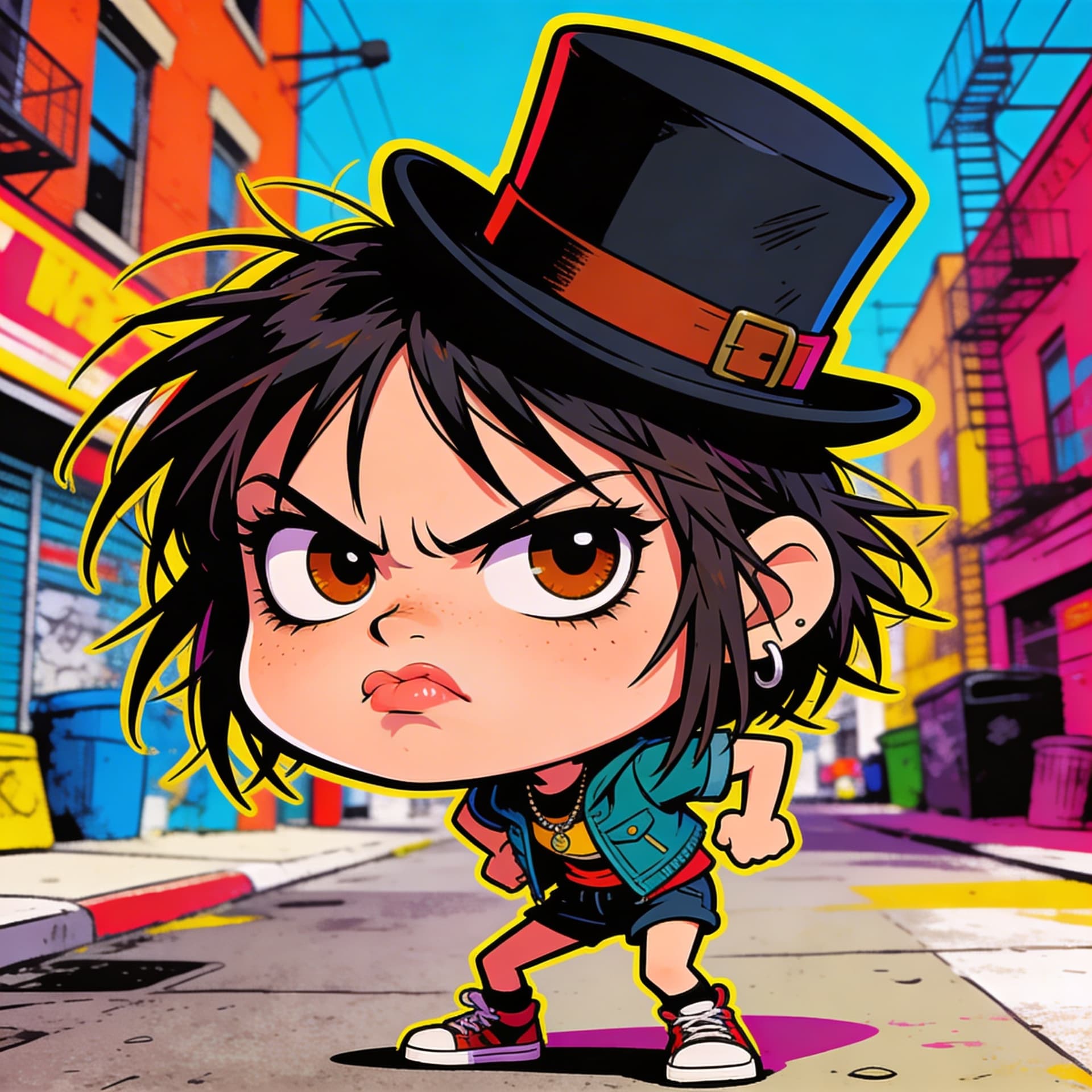 AI generated: funny caricature, grumpy urban girl,17 years old, scruffy, streetwise, top hat annoyed, girl with an...