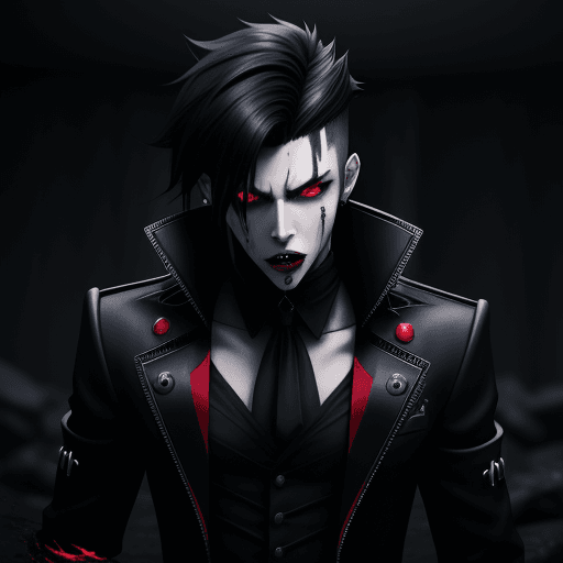 AI generated: A male anime vampire with a black outfit with a two toned hairstyle that is black and blue with drip...