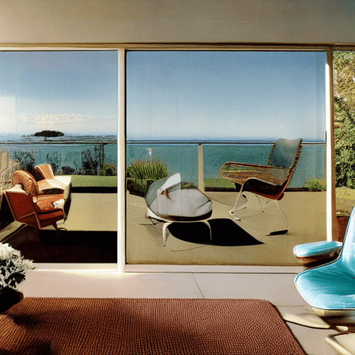 AI generated: Hyper realistic eye level exterior photo of a mid century modern style house overlooking the ocean, ...