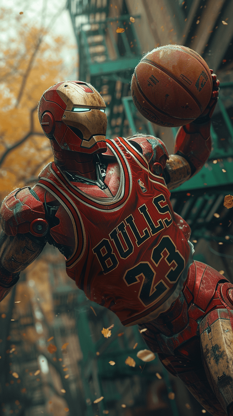 AI generated: Marvel's Ironman playing basketball, dressed in Chicago Bulls uniform, Chicago Bulls jersey, realist...