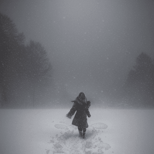 AI generated: sdgtl, Art Style, deep snowy landscapes, snowfall, A woman wrapped in warm fur winter clothes is wad...