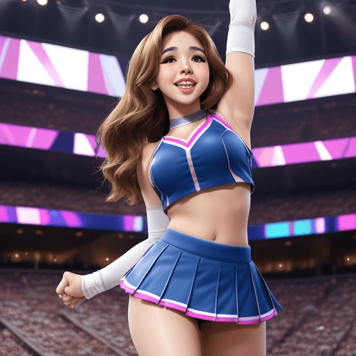 AI generated: pokimane in a tight cheerleading outfit with a miniskirt and open area under neck, nood foto